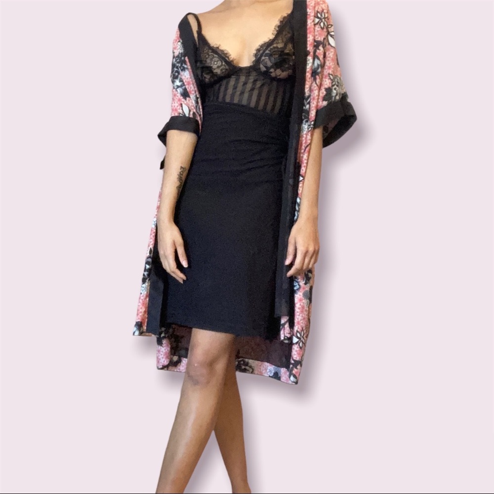Black and pink and white Floral Robe with Japanese Print